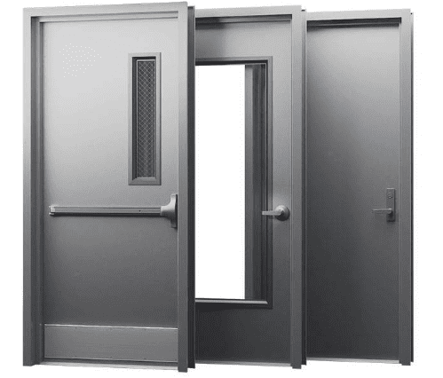 Group of hollow metal doors and frames ready for install